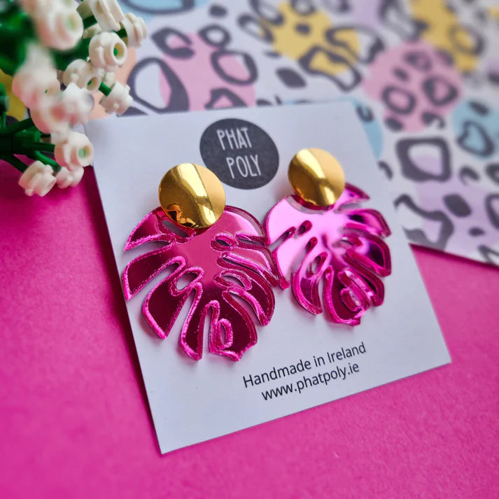 Pink Monstera Earrings