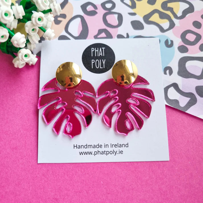 Pink Monstera Earrings