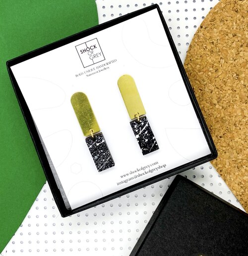 Chrissy Earrings Brass, Black and White Spatters in Wood