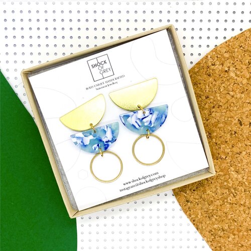 Jenny Earrings in Acrylic Aqua Tones and Brass