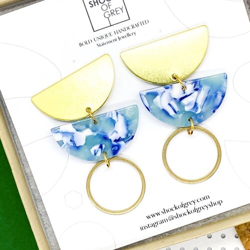 Jenny Earrings in Acrylic Aqua Tones and Brass