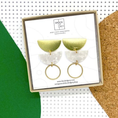 Jenny Earrings in Acrylic Mother of Pearl and Brass