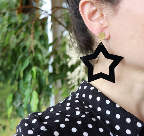 Large Black Stars Earrings - Gold Posts