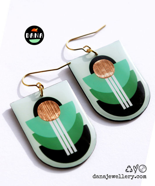 Modern Upcycled Vinyl Earrings in Shades of Green
