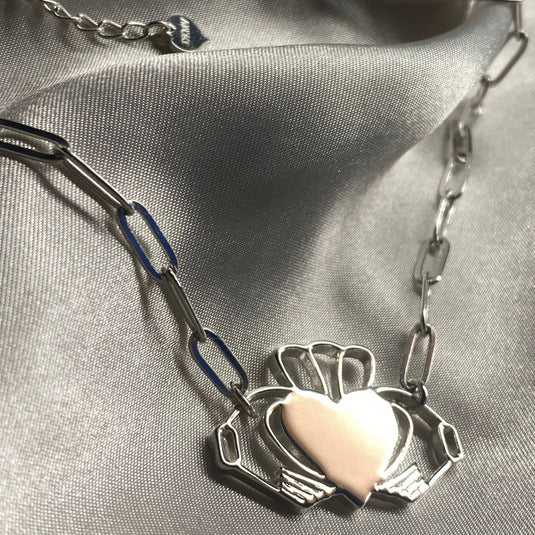 "Heart Strong" Claddagh Paperclip Chain Silver Plated Necklace