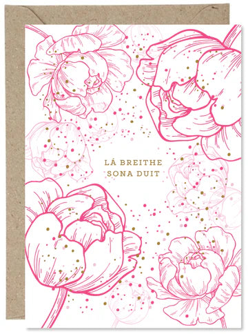 Lá Breithe Sona Duit Pink Flowers Greeting Card
