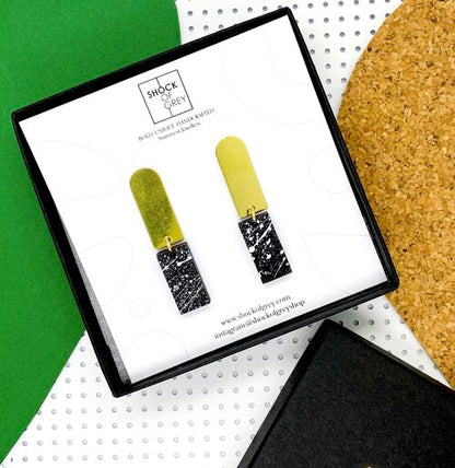 Chrissy Earrings Brass, Black and White Spatters in Wood