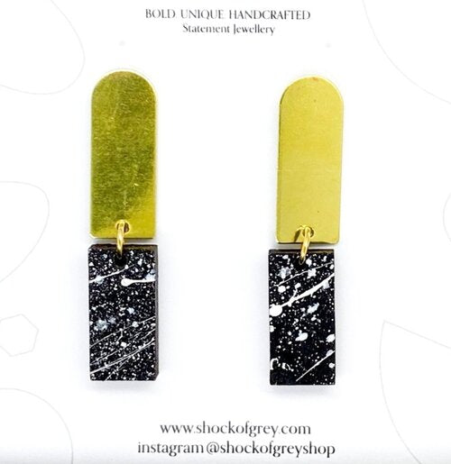 Chrissy Earrings Brass, Black and White Spatters in Wood